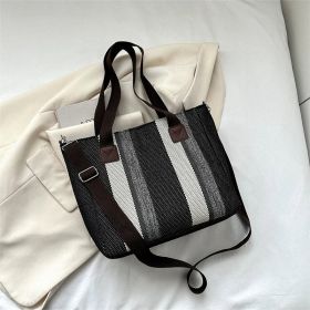 Fashion Stripe Totes Women's Large Capacity Canvas Shoulder Bag (Color: Black)