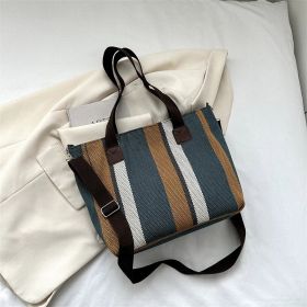 Fashion Stripe Totes Women's Large Capacity Canvas Shoulder Bag (Color: Blue)