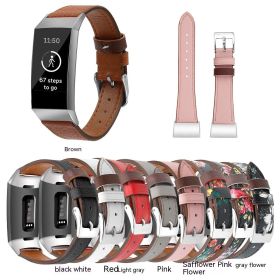 For Fitbit Charge34 Smart Watch Genuine Leather Strap First Layer Cowhide Print Strap (Option: Gray Flower L)