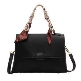 Silk Scarf Handbag Soft Leather Casual Women's Crossbody Shoulder Small Square Bag (Color: Black)