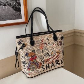 Printed Female Bear Graffiti New Handbag Versatile And Large Capacity (Color: Black)