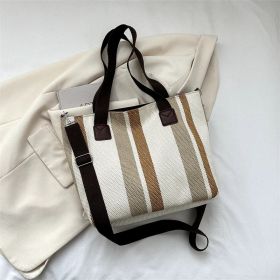 Fashion Stripe Totes Women's Large Capacity Canvas Shoulder Bag (Color: Khaki)