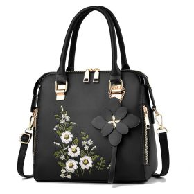 Fashion Flowers Embroidered Handbag Women Shoulder Messenger Bags (Color: Black)