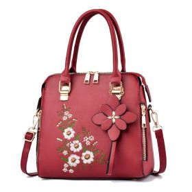 Fashion Flowers Embroidered Handbag Women Shoulder Messenger Bags (Color: Red)